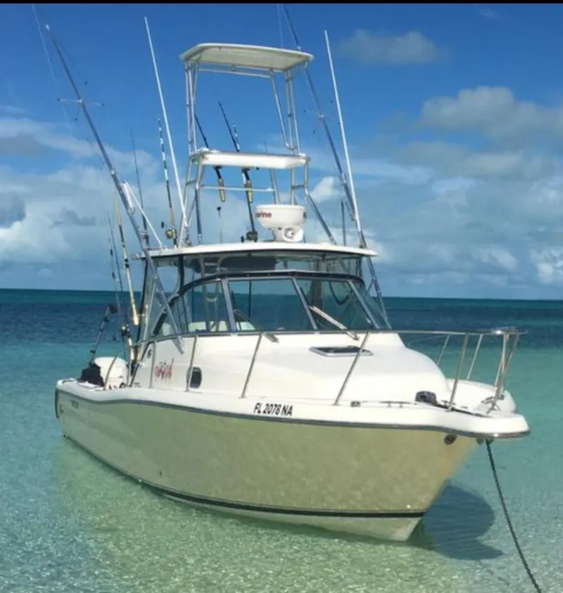 The Image of 2005 Pursuit 3070 Offshore boat anchored in clear turquoise water. - 0