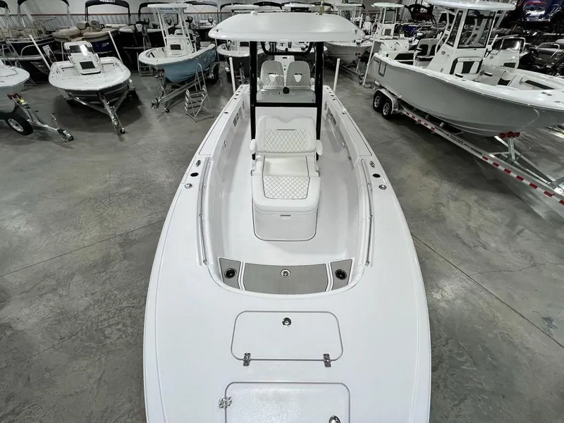 Slide: The Image of 2024 Sportsman Masters 267OE Bay boat in showroom, top view. - 41