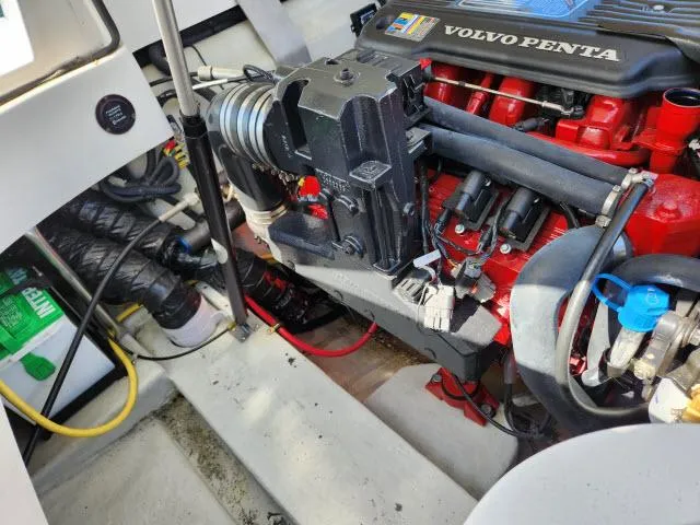 Slide: The Image of 2008 Cobalt 252 boat engine compartment with Volvo Penta engine. - 29