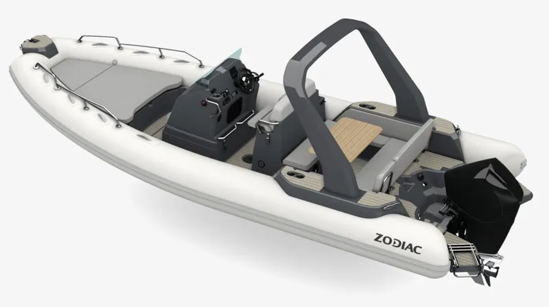 Slide: The Image of 2024 Zodiac Medline 7.5 inflatable boat with modern design and outboard motor. - 6