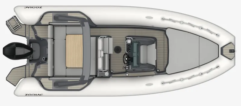 Slide: The Image of 2024 Zodiac Medline 7.5 inflatable boat, top view, showcasing seating and deck layout. - 7
