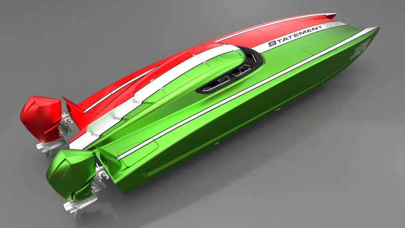 The Image of Sleek 2025 Statement 396 powerboat with vibrant red and green design. - 0