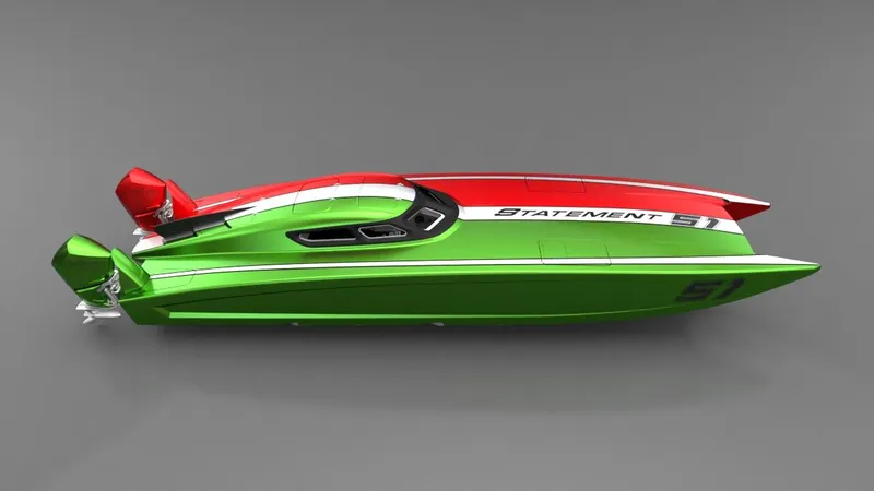 Slide: The Image of Sleek 2025 Statement 396 speedboat with vibrant red and green design. - 11