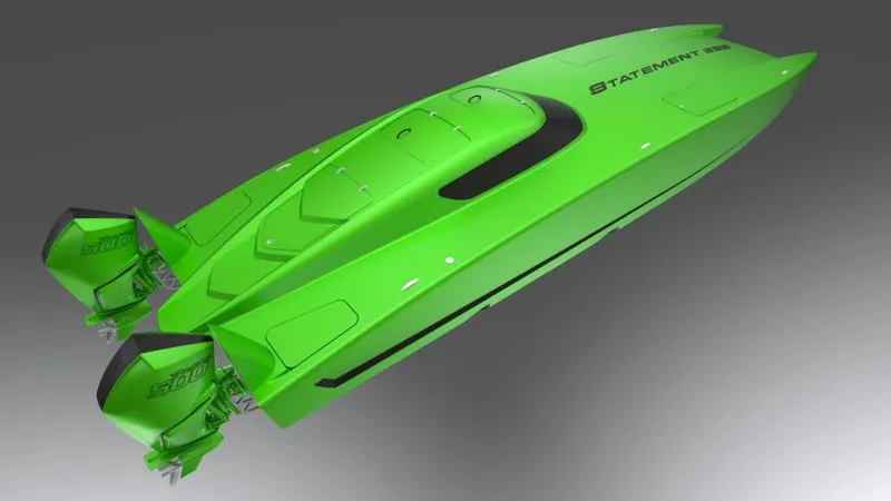 Slide: The Image of Bright green 2025 Statement 396 speedboat with dual outboard engines. - 12