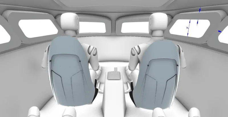 Slide: The Image of Two humanoid robots seated in futuristic vehicle cockpit, Statement 396, 2025 model. - 4