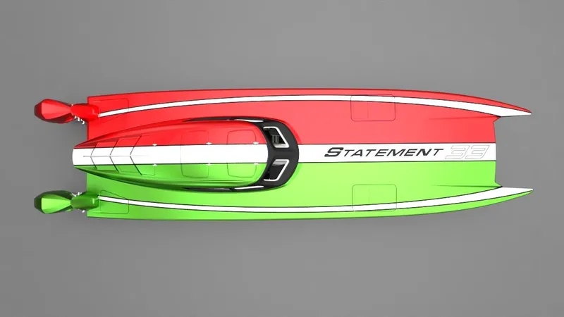 Slide: The Image of Top view of 2025 Statement 396 boat, red and green design, sleek and modern. - 5
