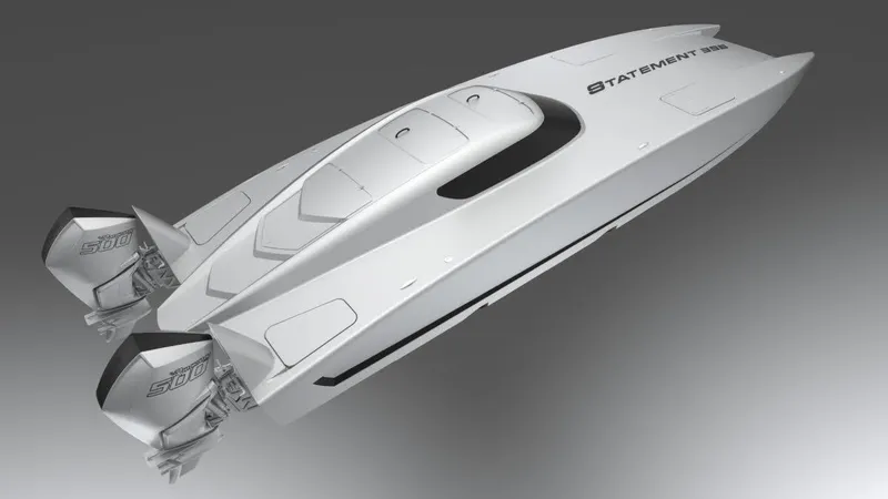 Slide: The Image of 2025 Statement 396 speedboat with dual outboard engines, sleek white design. - 7