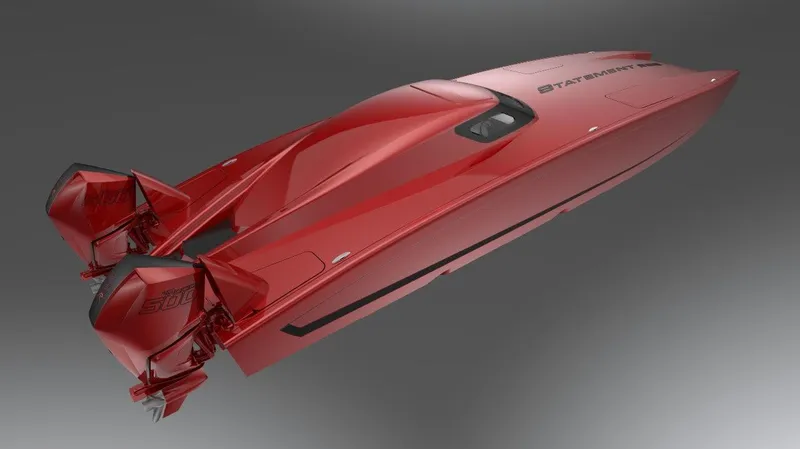 Slide: The Image of Red Statement 396 speedboat, 2025 model, with dual outboard engines, sleek design. - 9