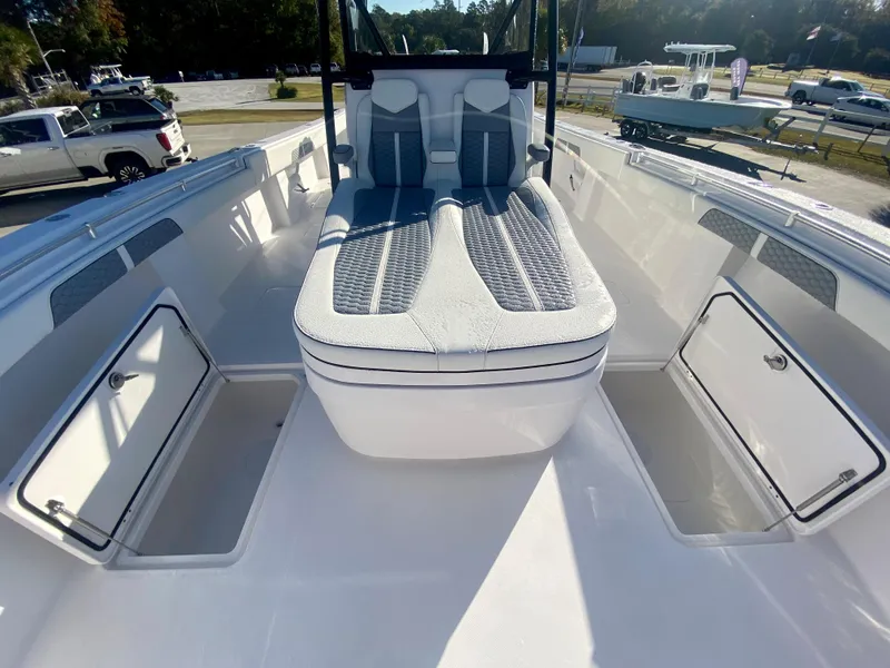 Slide: The Image of 2024 Invincible 35 Catamaran with spacious deck and storage compartments. - 23
