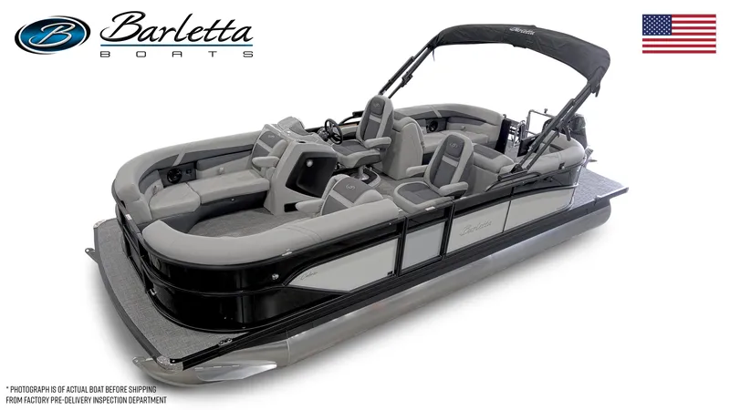 Slide: The Image of 2024 Barletta Cabrio 22QC pontoon boat with luxurious seating and modern design. - 1