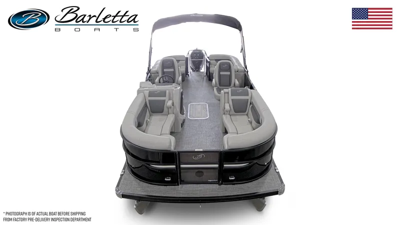 Slide: The Image of 2024 Barletta Cabrio 22QC pontoon boat, spacious seating, luxury design, American flag. - 2