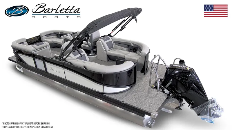 Slide: The Image of 2024 Barletta Cabrio 22QC pontoon boat with outboard motor and seating. - 3