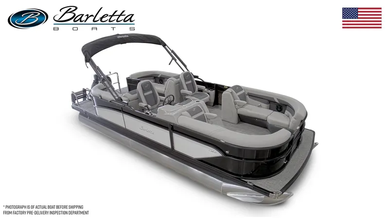 Slide: The Image of 2024 Barletta Cabrio 22QC pontoon boat with luxurious seating and sleek design. - 4