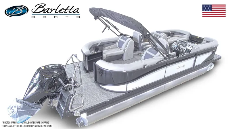 Slide: The Image of 2024 Barletta Cabrio 22QC pontoon boat with canopy and outboard motor. - 5