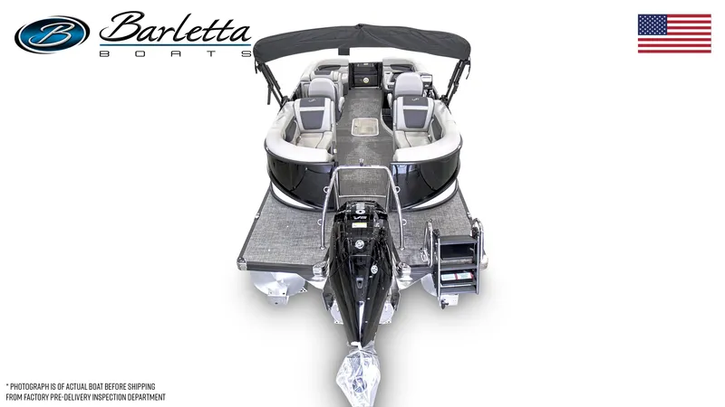 Slide: The Image of 2024 Barletta Cabrio 22QC pontoon boat, top view, with logo and American flag. - 6