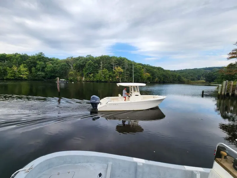 Slide: The Image of 2019 Cobia 240 CC boat cruising on a calm river with lush green trees. - 3