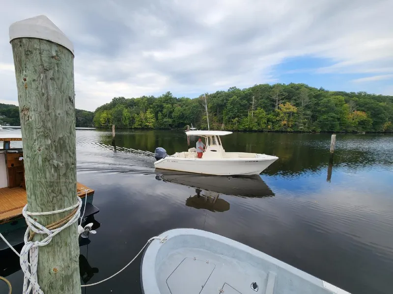 Slide: The Image of 2019 Cobia 240 CC boat cruising on a calm lake near a dock. - 4