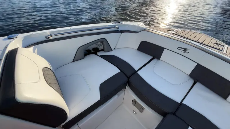 Slide: The Image of Luxurious seating on 2021 Monterey M-45 boat, featuring sleek design and comfortable upholstery. - 20