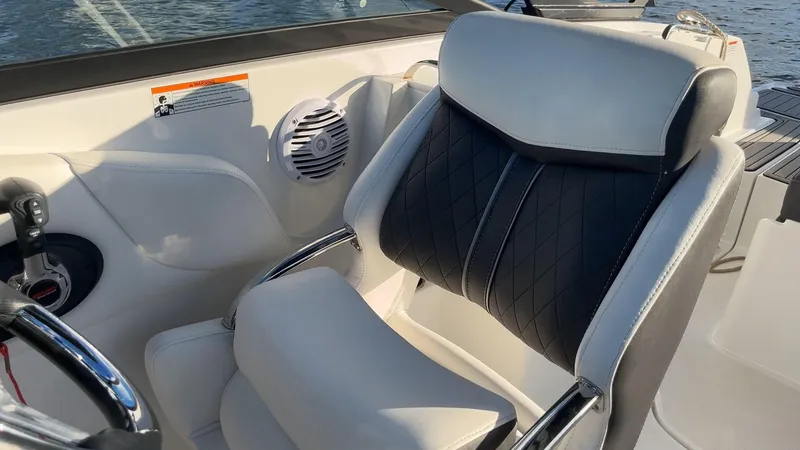 Slide: The Image of Luxury seating on a 2021 Monterey M-45 boat, featuring sleek black and white upholstery. - 34