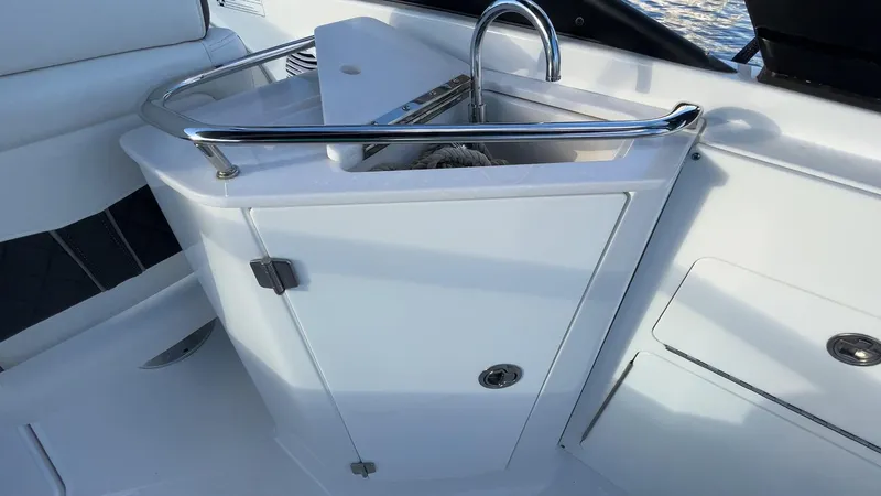 Slide: The Image of Luxury boat sink area on 2021 Monterey M-45, featuring sleek design and stainless steel fixtures. - 39