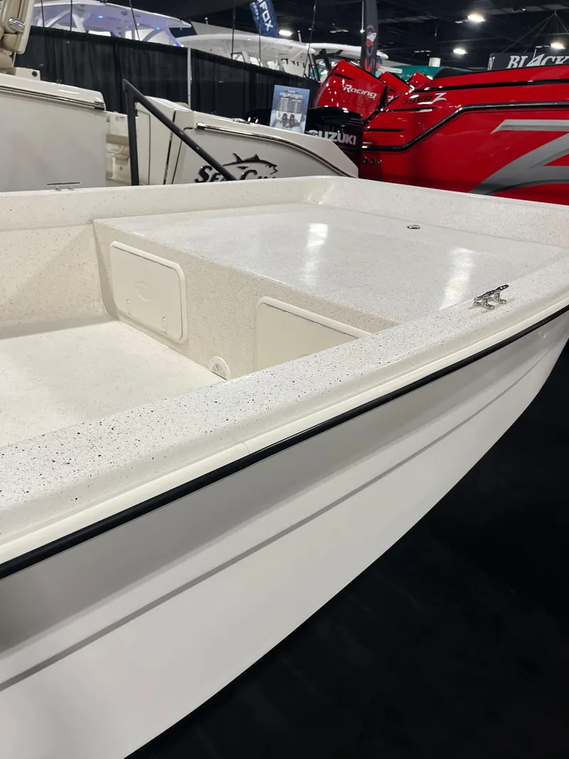 Slide: The Image of 2024 Carolina Skiff e21 DLX boat on display at a boat show. - 15