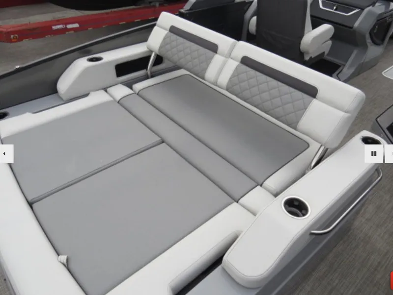 Slide: The Image of 2023 Godfrey AquaPatio 255 DFLW boat with luxurious gray and white seating. - 3