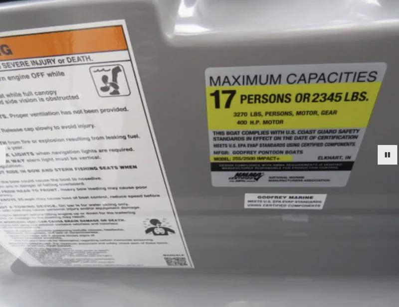 Slide: The Image of 2023 Godfrey AquaPatio 255 SBC capacity label: 17 persons or 2345 lbs, 400 HP motor. - 6