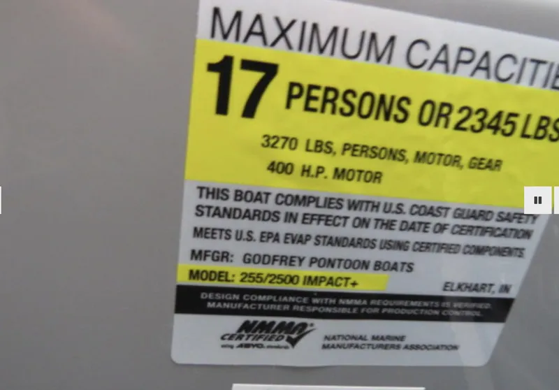 Slide: The Image of Maximum capacity label on 2023 Godfrey AquaPatio 255 ULW pontoon boat. - 14
