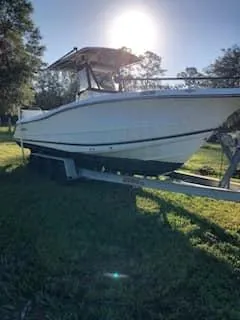 Slide: The Image of 2004 Triton 2690 CC boat on a trailer in a grassy area. - 10