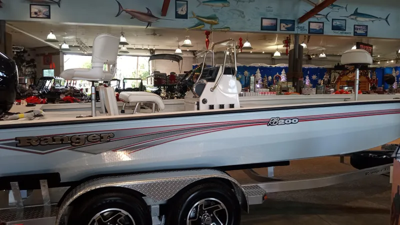 Slide: The Image of 2024 Ranger RB200 boat displayed indoors on a trailer. - 0