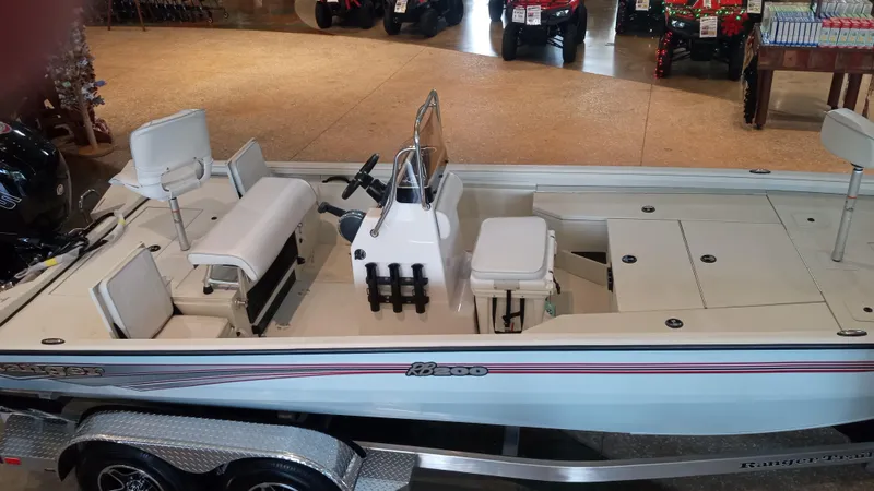 Slide: The Image of 2024 Ranger RB200 fishing boat with seating and storage compartments. - 2