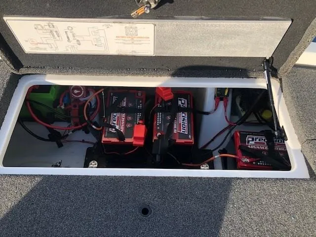 Slide: The Image of 2022 Nitro Z21 XL boat battery compartment with wiring and components. - 43