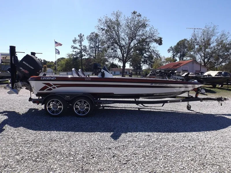Slide: The Image of 2017 Legend V21 boat on a trailer in a gravel lot. - 1