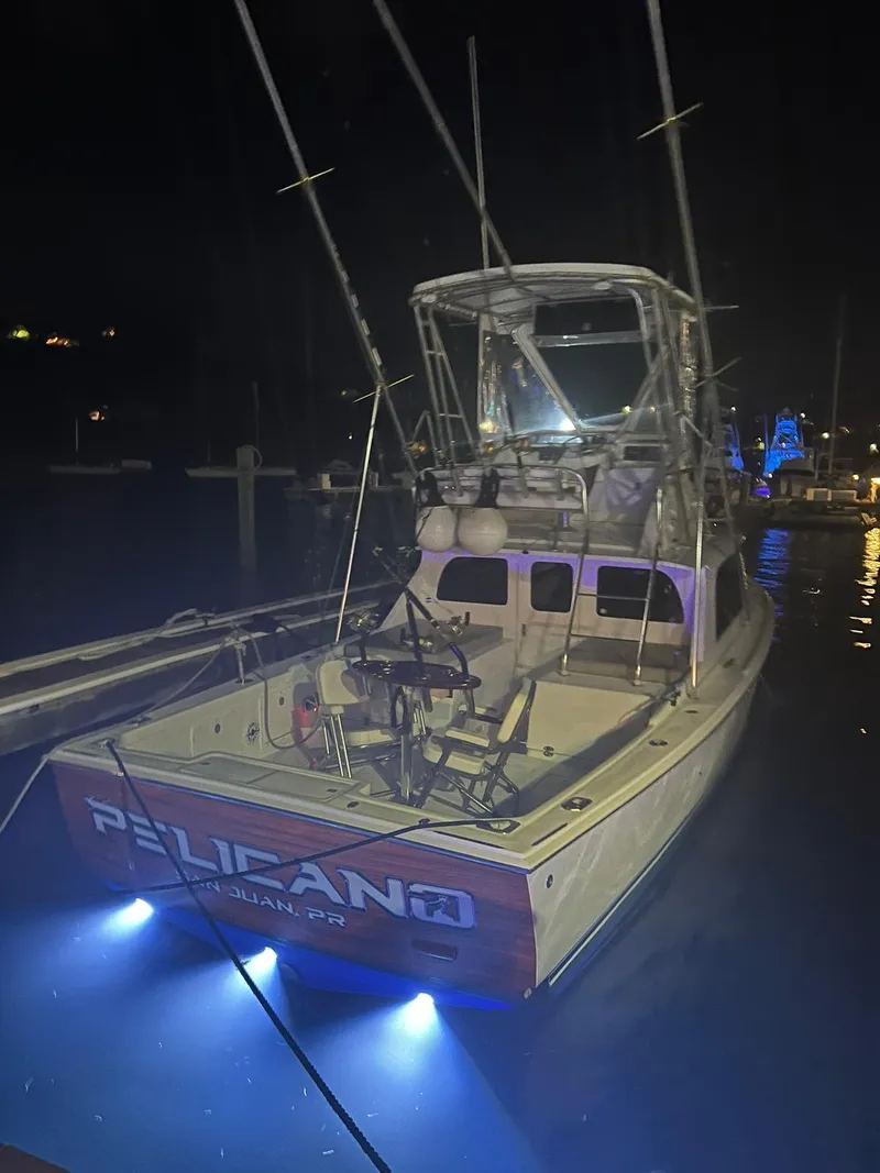 Slide: The Image of 1973 Bertram 31 boat docked at night with blue underwater lights. - 14