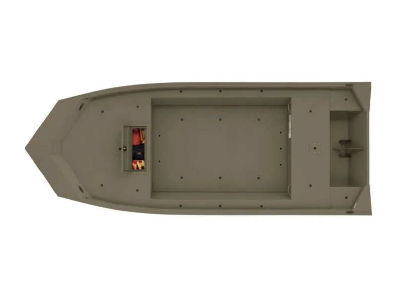 Slide: The Image of 2024 Tracker GRIZZLY® 1754 Jon boat, top view, empty deck, storage compartment visible. - 6