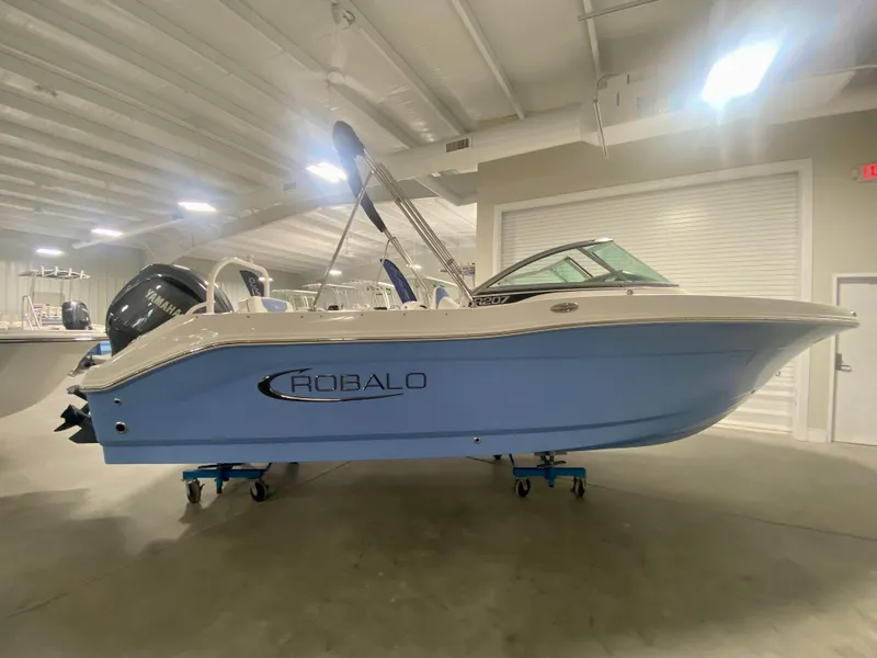 Slide: The Image of 2024 Robalo R207 Dual Console boat in a showroom. - 26