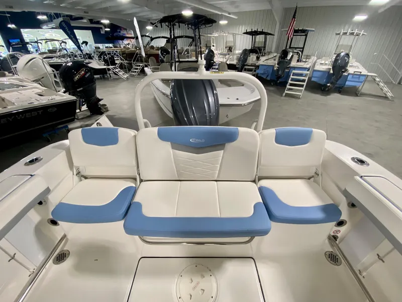 Slide: The Image of 2024 Robalo R207 Dual Console boat interior with blue and white seating. - 4