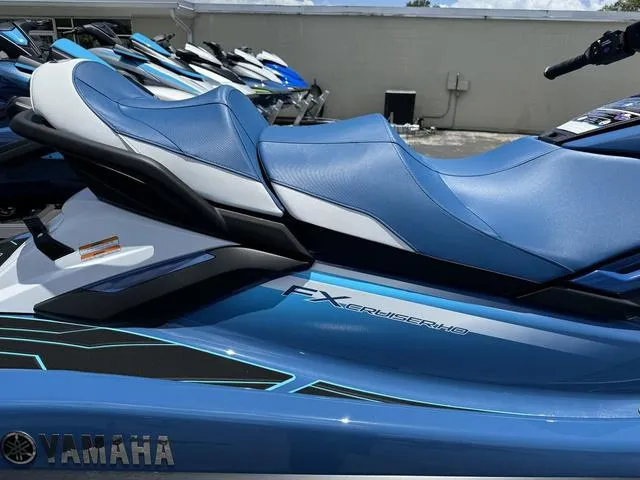 Slide: The Image of 2024 Yamaha Waverunner FX Cruiser® HO with Audio System, blue and white, side view. - 8