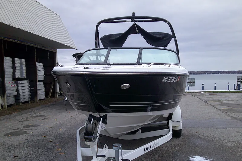 Slide: The Image of 2023 Monterey 224FS boat on trailer near dock. - 2