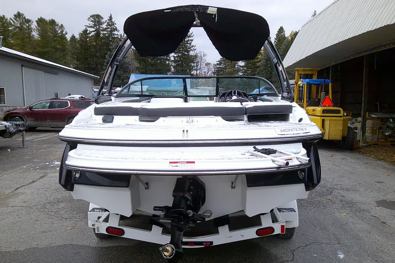 Slide: The Image of 2023 Monterey 224FS boat, rear view, parked outdoors. - 3