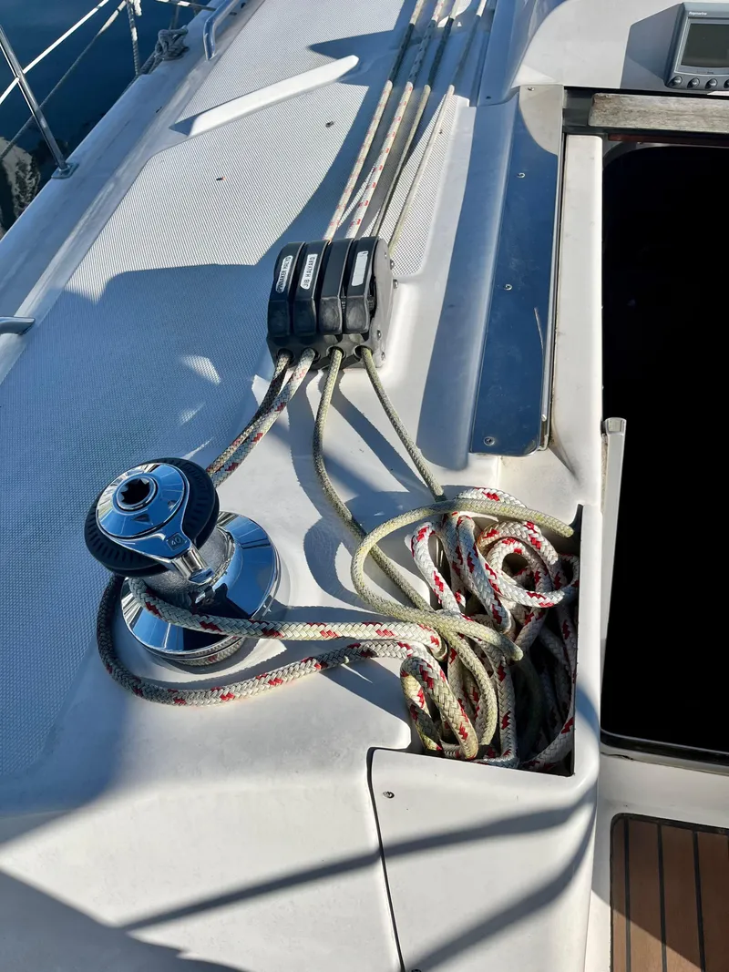 Slide: The Image of Sailing yacht deck with winch and ropes, Hunter 38, 2008 model. - 13