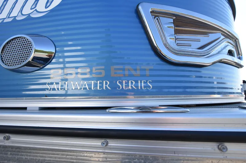 Slide: The Image of 2020 Avalon 2585 ENT SaltWater Series boat, close-up of model name and details. - 24