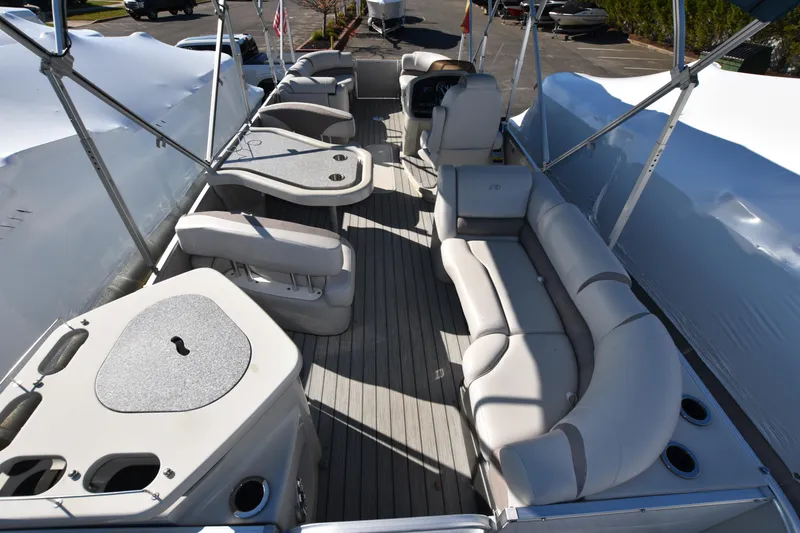 Slide: The Image of 2020 Avalon 2585 ENT SaltWater Series pontoon boat interior with spacious seating and modern amenities. - 5