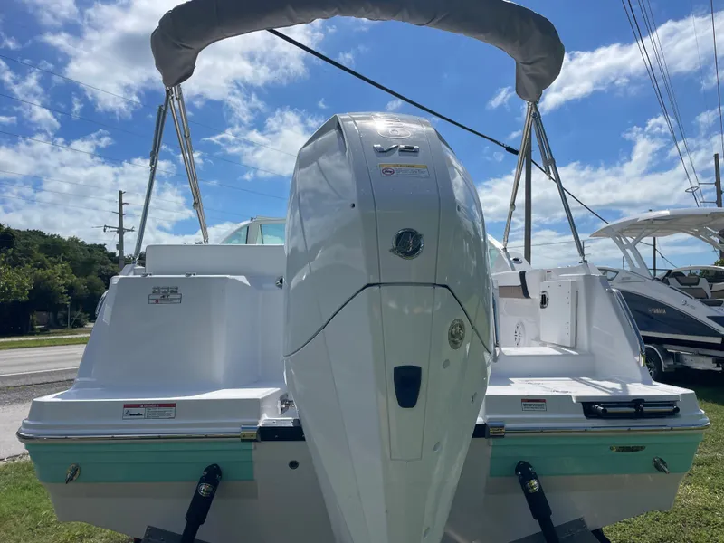 Slide: The Image of 2024 Blackfin 232DC boat with outboard motor, rear view. - 3