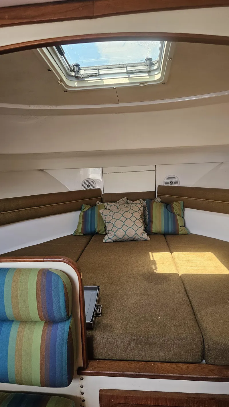 Slide: The Image of 2015 Stamas 390 Aegean cabin interior with cushions and skylight. - 21