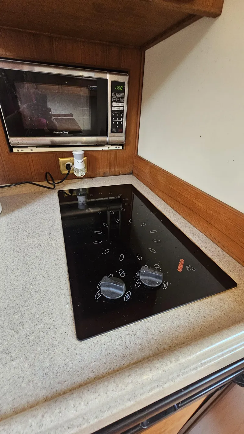 Slide: The Image of Stamas 390 Aegean 2015 kitchen with stovetop and microwave, featuring modern appliances. - 29