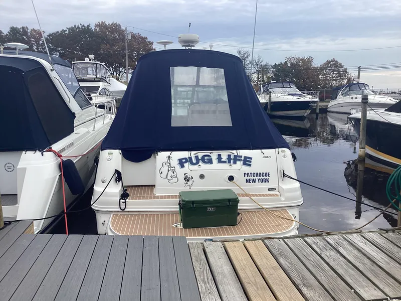 Slide: The Image of 2005 Sea Ray 320 Sundancer docked, featuring "Pug Life" design, Patchogue, New York. - 2