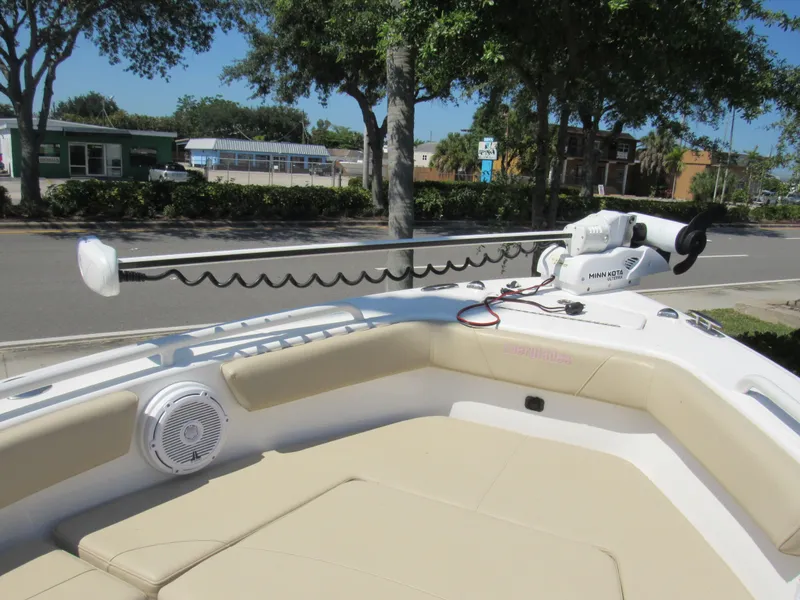 Slide: The Image of 2019 Everglades 243 CC boat with Minn Kota trolling motor and beige seating. - 18