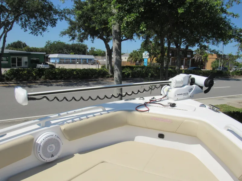 Slide: The Image of 2019 Everglades 243 CC boat with Minn Kota trolling motor and beige seating. - 19