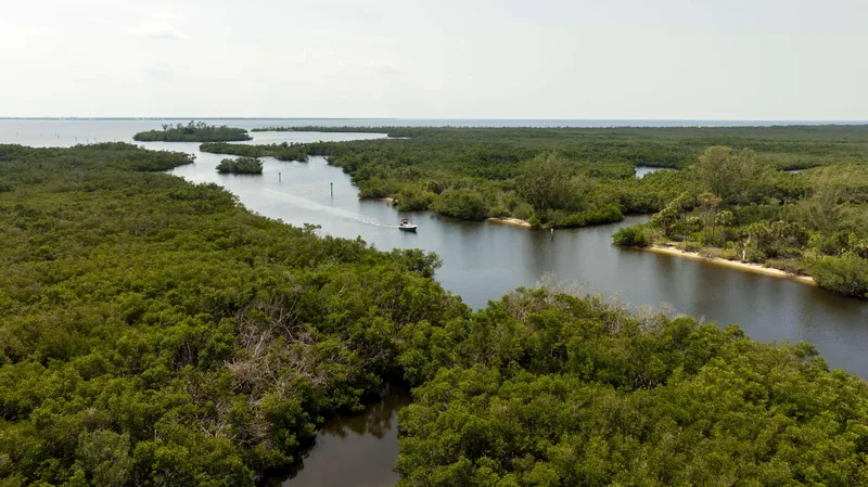 Slide: The Image of Aerial view of a Parker 1801CC boat navigating a lush, winding river in 2024. - 18